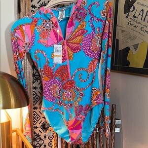 Trina Turk Blue and Pink One-Piece Swimsuit with Tropical Print